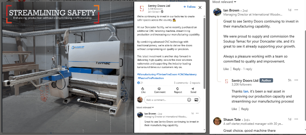Sentry Doors Ltd LinkedIn post featuring a Soukup Temac CNC tenoning machine installed at their Doncaster manufacturing facil