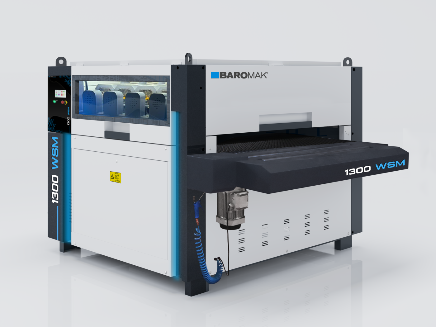 Baromak 1300 WSM industrial wide belt sanding machine with blue and grey casing, control panel, and feed conveyor table