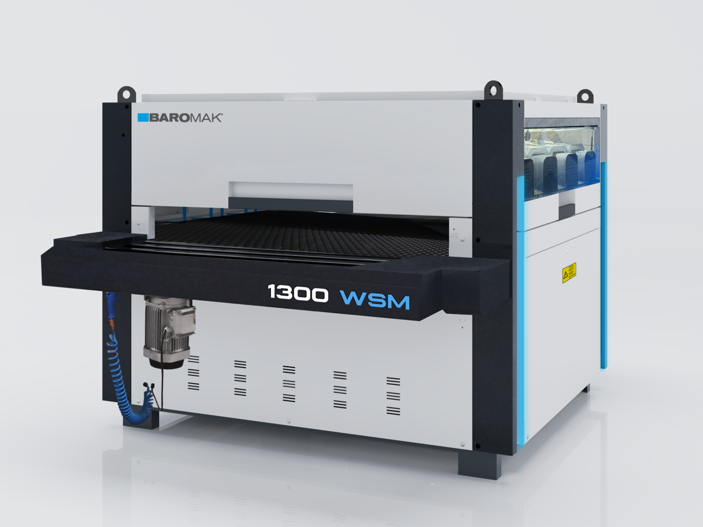 Baromak 1300 WSM industrial machine with a large flat bed, motor unit, blue coiled hose, and ventilated white casing