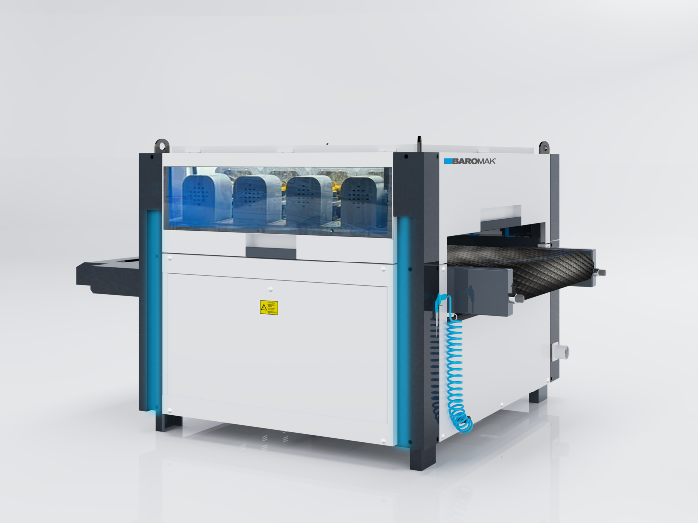Baromak 1300 WSM industrial sanding machine with conveyor belt, blue safety columns, transparent guard panel and coiled air hose