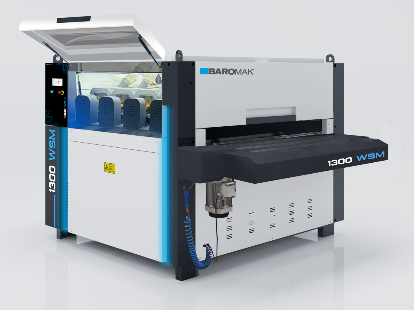 Baromak 1300 WSM industrial wide belt sanding machine with open lid, blue accent lighting, and feed conveyor table