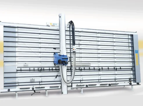 IWM vertical wall saw with blue cutting head mounted on a tall aluminium frame, measuring 2.1m x 4.1m