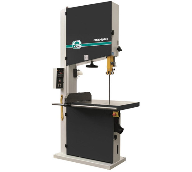 ACM BS540VS vertical bandsaw with large worktable, blade guide, and digital control panel on a white background
