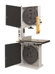 Freestanding IWM UK bandsaw machine with open cabinet doors, yellow blade guard, and grey cast iron table
