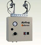 Airfog Defensor wall-mounted misting unit with pressure gauge and twin nozzle arms