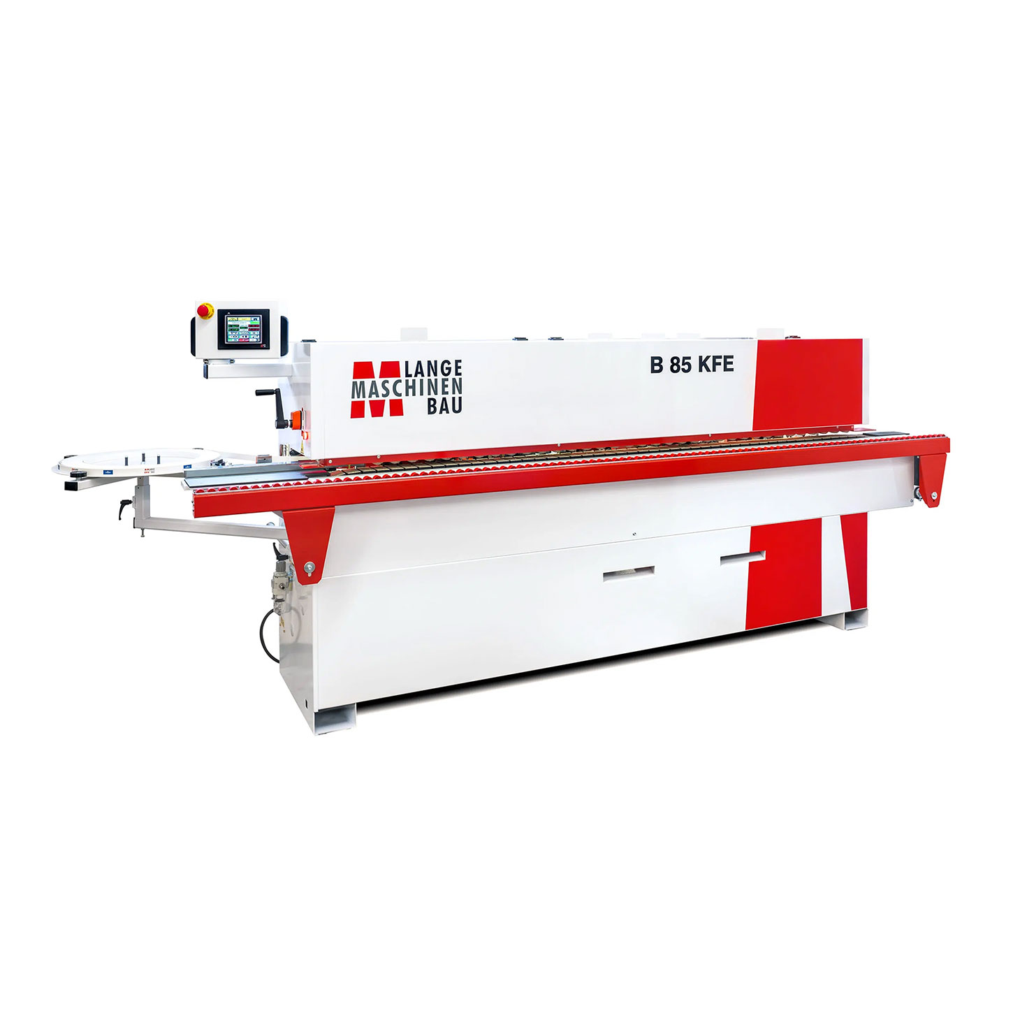 Lange Maschinenbau B 85 KFE edge bander machine in red and white with a touchscreen control panel and conveyor feed