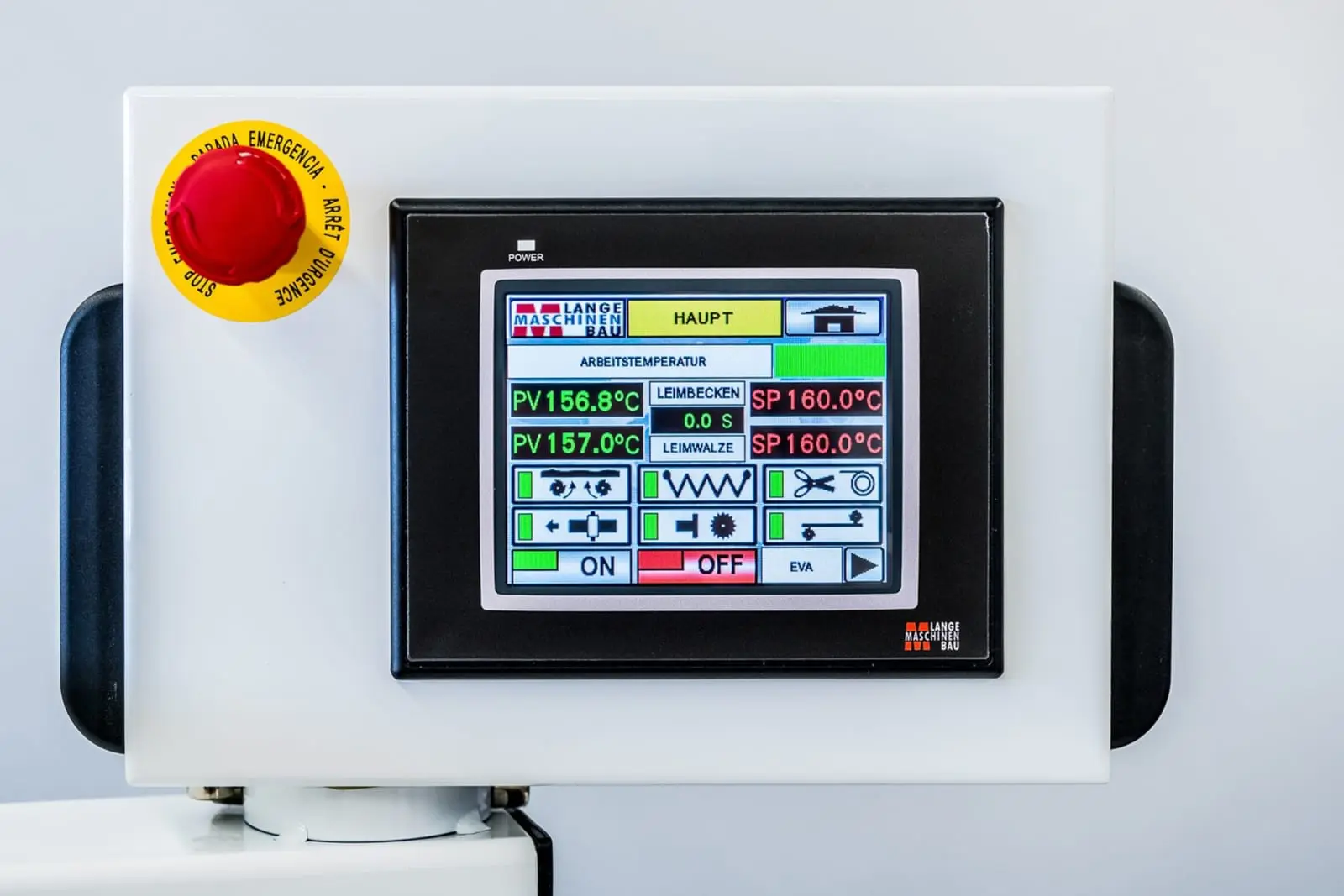 Lange Maschinenbau touchscreen control panel displaying temperature readings, with a red emergency stop button on the left