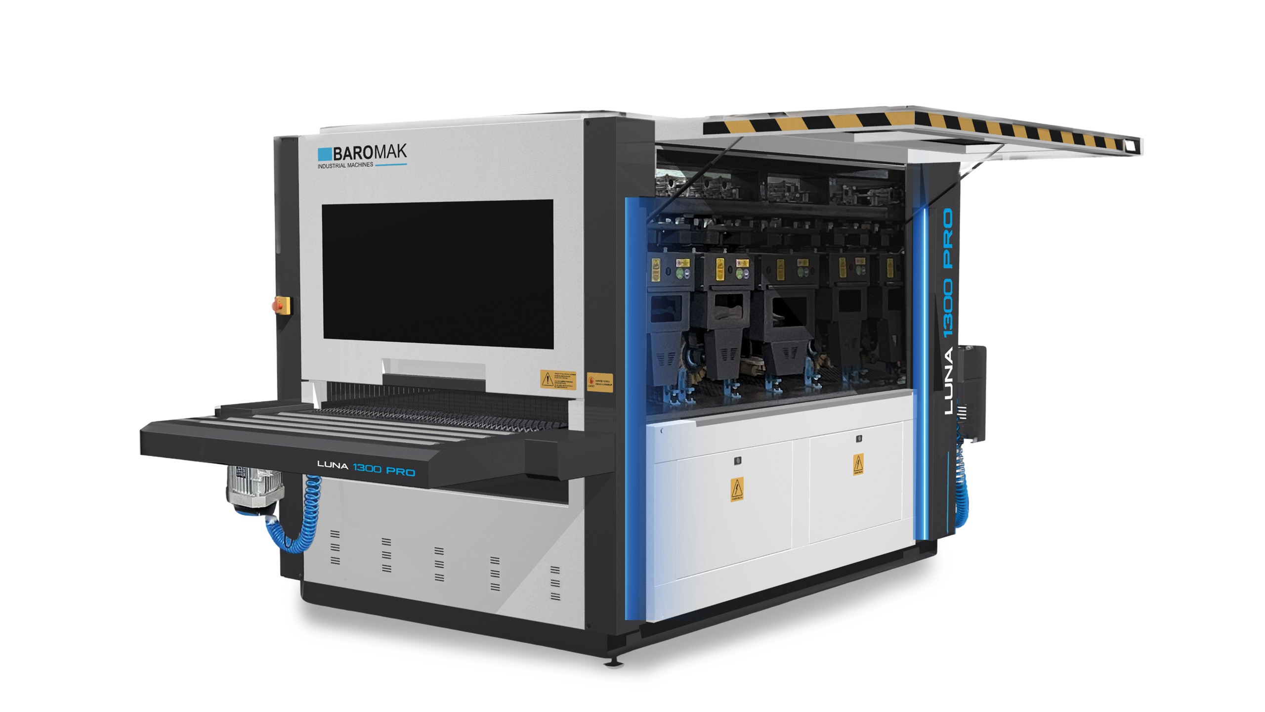 Baromak Luna 1300 Pro industrial sanding machine with open side panel revealing internal components