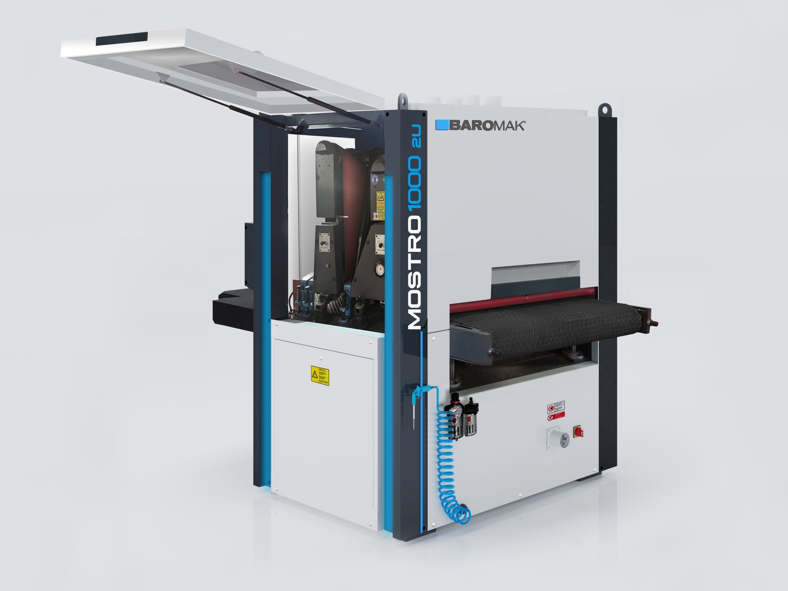 Baromak Mostro 1000 2U wide belt sanding machine with open top cover, conveyor belt, and blue pneumatic hose