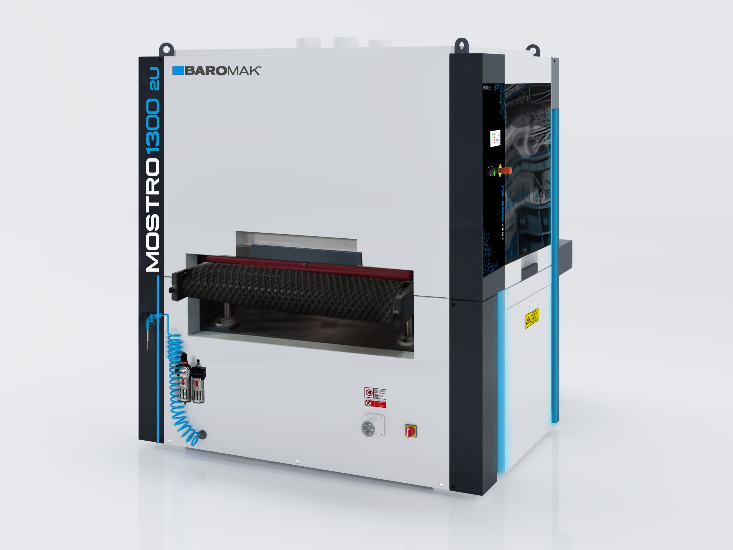 Baromak MOSTRO 1300 2U industrial wide belt sanding machine with blue coiled air hose and control panel