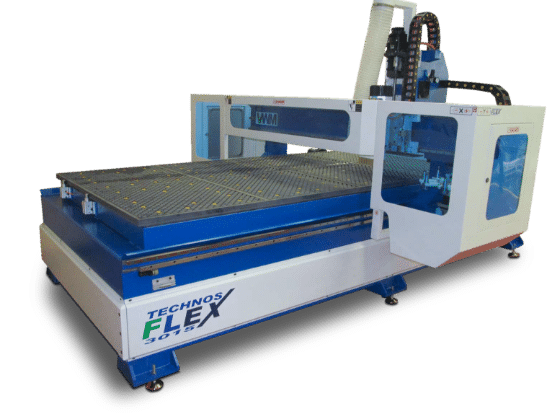 Technos Flex 3075 CNC router machine with a large blue frame, grid cutting bed, and gantry-mounted spindle unit