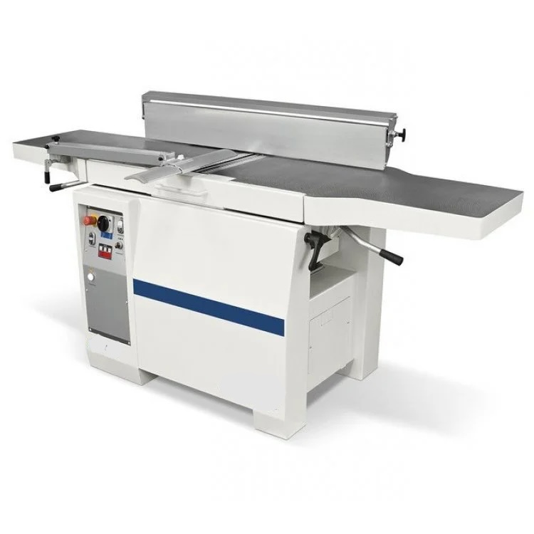 White and blue industrial planer thicknesser machine with long cast iron tables, fence, and control panel on white background