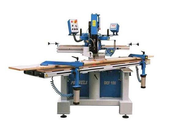 Powvels DEF 100 industrial stair machine with extended timber worktable and blue steel frame on white background