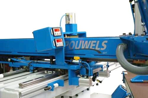 Pouwels DEF-50 stair making machine in blue with digital displays and precision rail guides