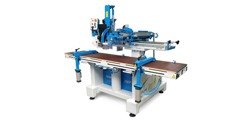 Pouwels DEF-50 stair making machine with blue and white frame, routing head, and brown worktop surface