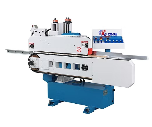 E-Chain double end tenoner machine with blue and white body, feed rollers, and control panel on white background