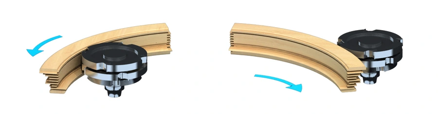 Two diagrams showing a router cutter machining curved wooden arch profiles, with blue arrows indicating feed direction.