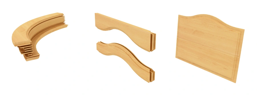 Three light wood components: a curved arch section with finger joints, two curved rail pieces, and a flat decorative panel with shaped top edge.
