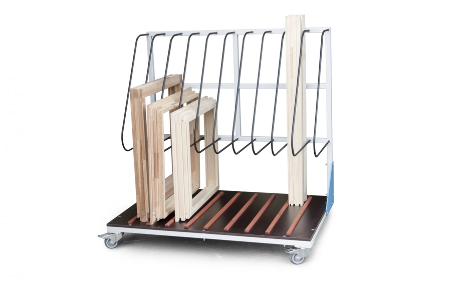 Mobile metal trolley with wire dividers holding upright wooden frames, mounted on castors with a slatted base platform