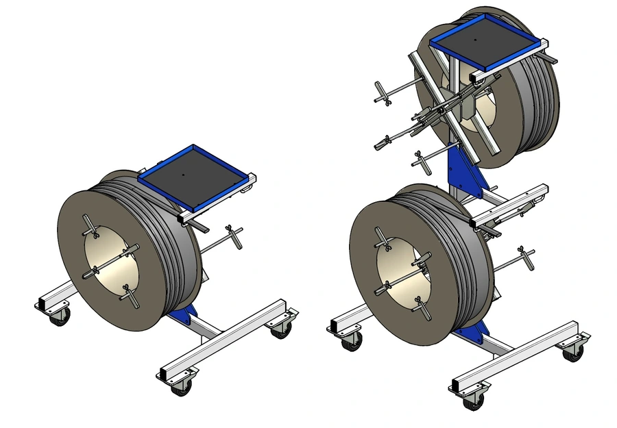 3D CAD render of two Soukup cable reel trolleys with blue steel frames, cross-bar axles, and wheeled bases, shown in single and double-tier configurations.