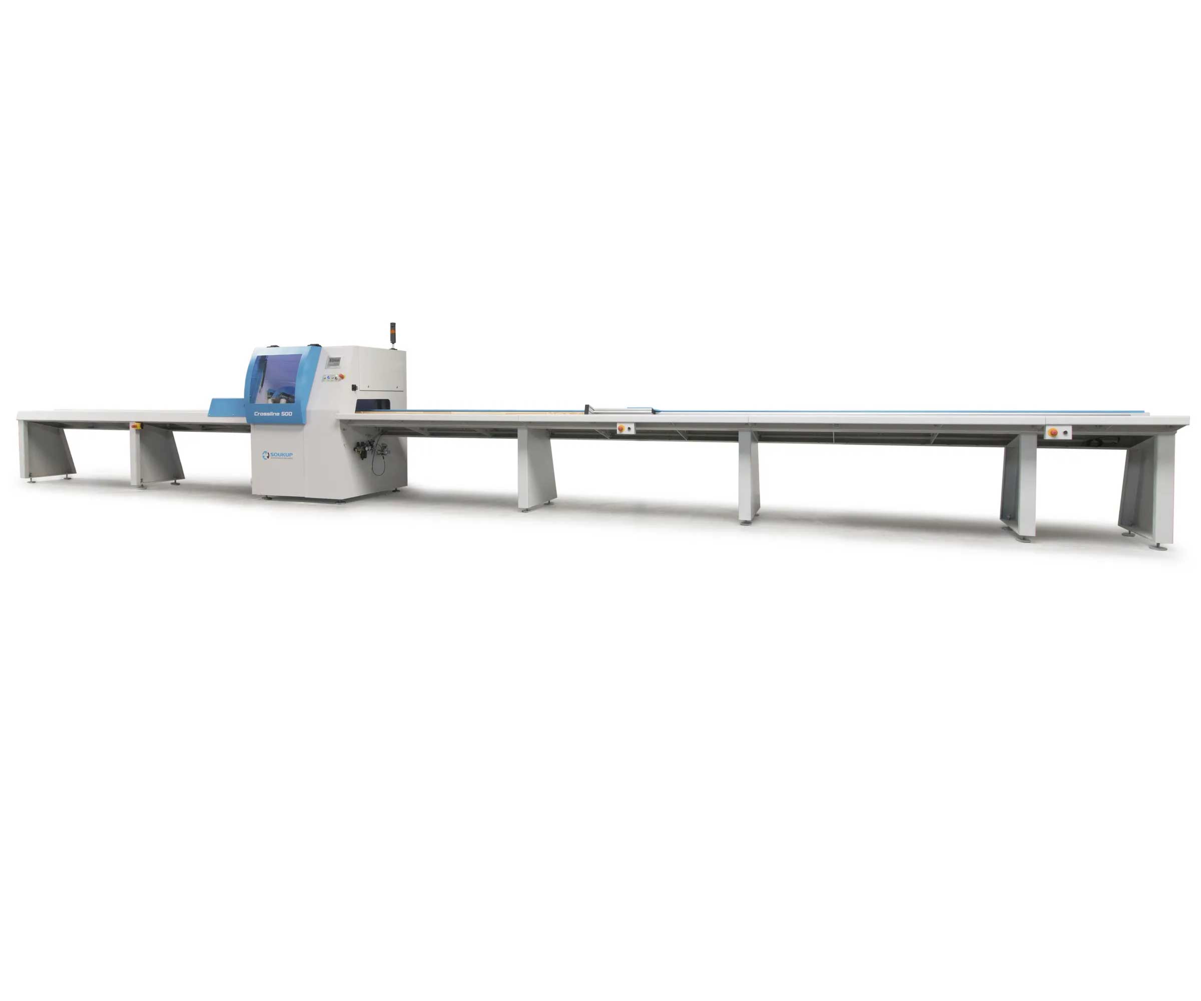 Soukup Crossline 500 cross cut saw with extended grey infeed and outfeed roller tables on a white background