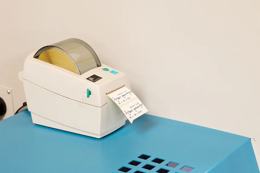 A white Zebra thermal label printer sitting on a blue metal surface, printing two small labels with text and numbers.