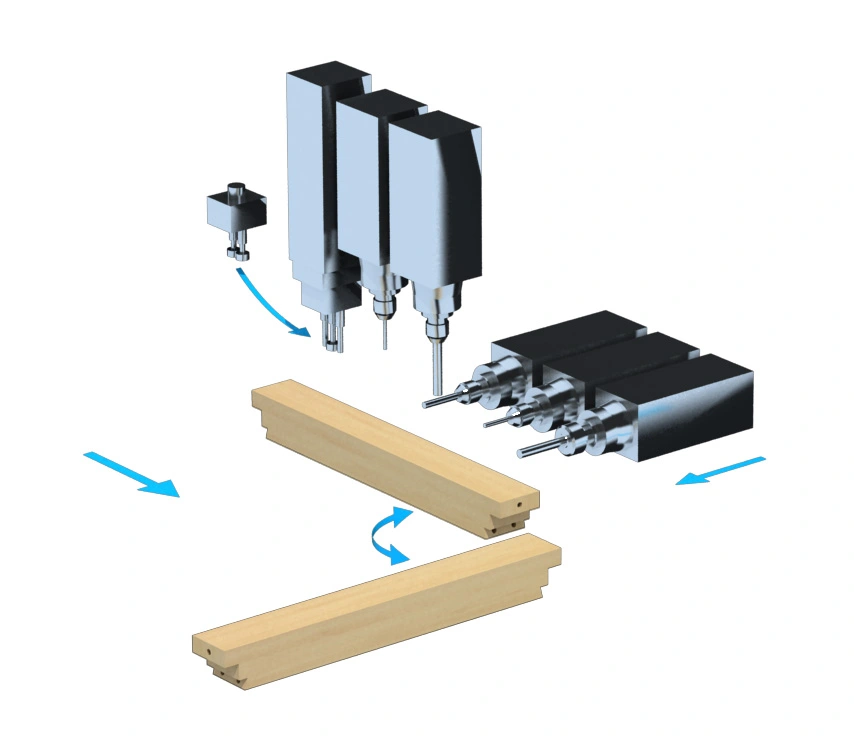 3D diagram of the Soukup Drillex Work Centre drilling unit boring holes into timber lengths, with directional arrows showing movement.