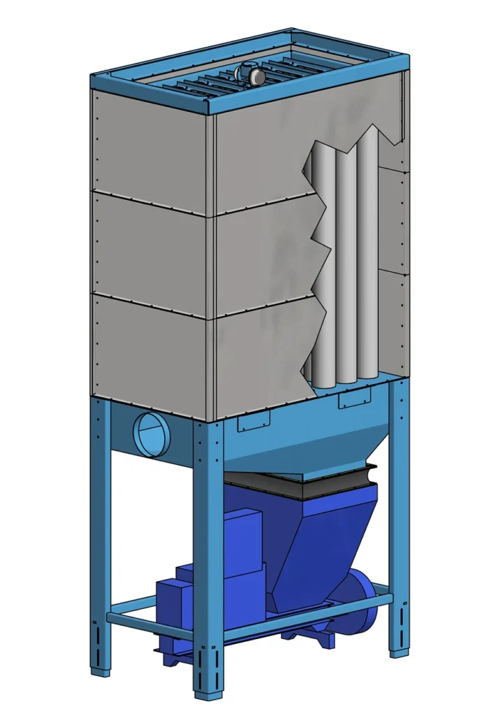 3D CAD render of a Soukup dust extractor unit with blue steel frame, filter housing, cylindrical inlet, and hopper base.