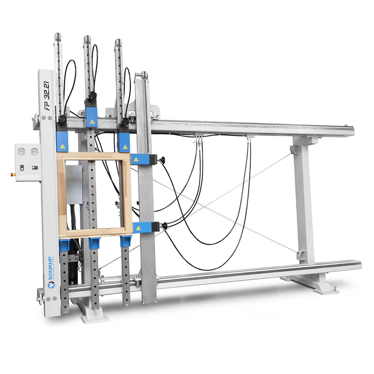 Soukup FP 32.21 window and door frame cramp machine holding a wooden frame with blue pneumatic clamps