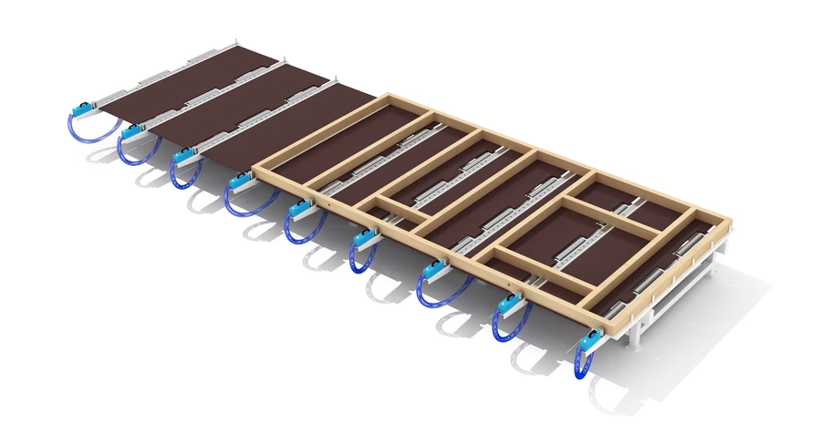3D render of a timber frame panel assembly with wooden joists, metal rails, and blue hydraulic connectors along the side