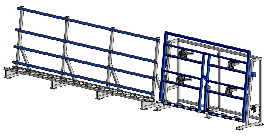 3D CAD render of the Soukup Mounting & Glazing Stand GW 2500, featuring a long inclined storage rack and upright glazing frame
