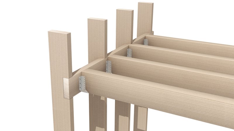 3D render of timber floor joists connected to a ledger board using metal joist hangers in a timber frame construction