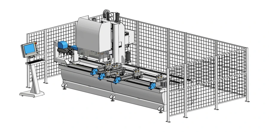 3D CAD illustration of the Soukup Spectra CNC working centre with safety guarding, blue clamps, and a control panel monitor