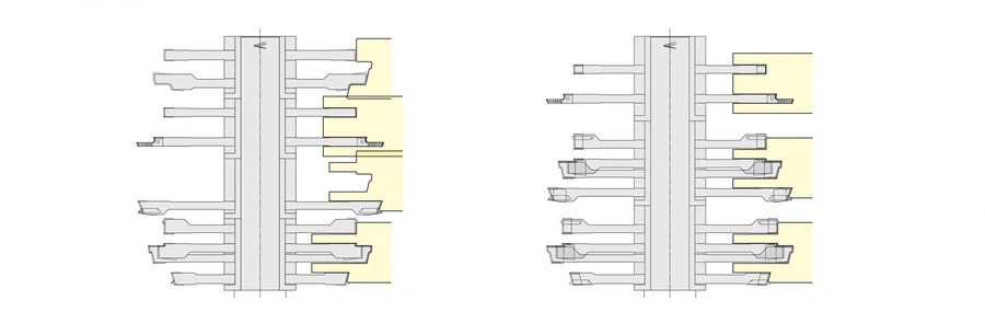 Technical cross-section drawings of a single end tenoning machine, showing two side-by-side mechanical component diagrams.