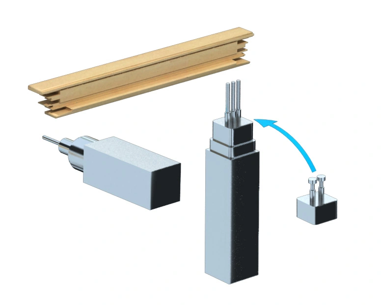 Exploded diagram of CNC machine components including a timber profile, rectangular blocks, and a multi-pin connector with assembly arrow