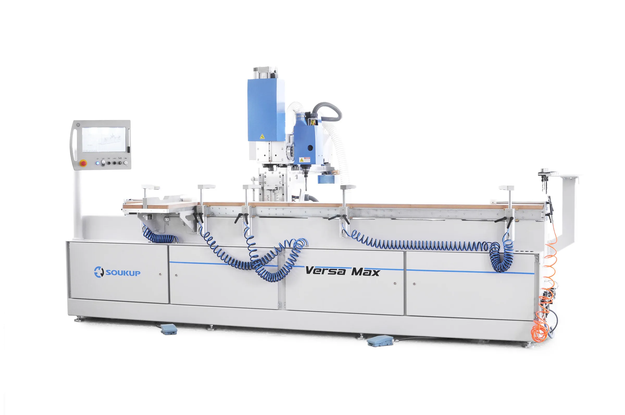 Soukup Versa Max CNC window machining centre in white and blue, showing the full-length worktable, pneumatic clamps, tilting milling head and touchscreen control arm