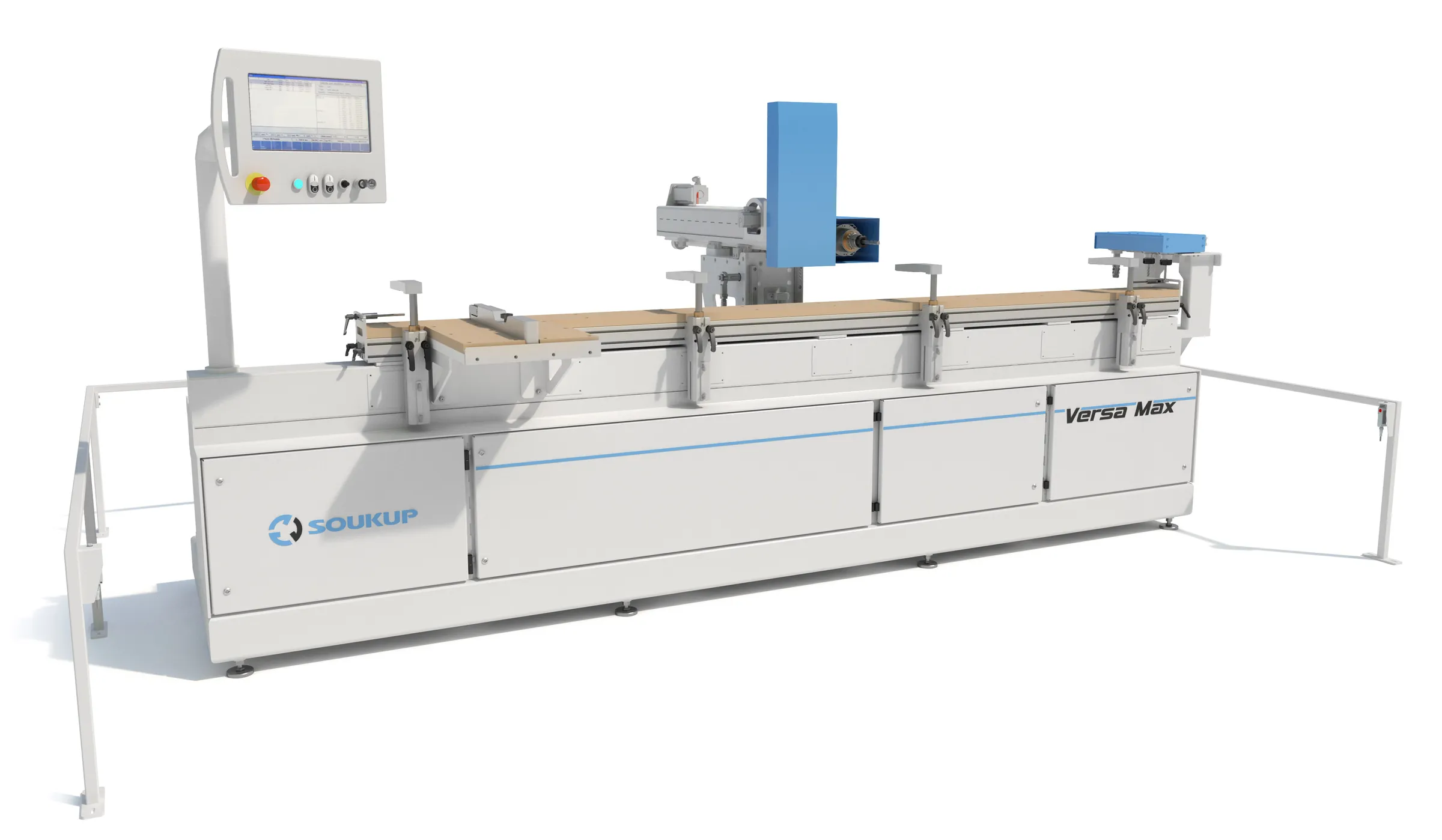 Full-length view of the Soukup Versa Max machining centre with MDF worktable, four pneumatic clamps, lateral drilling unit and safety barrier