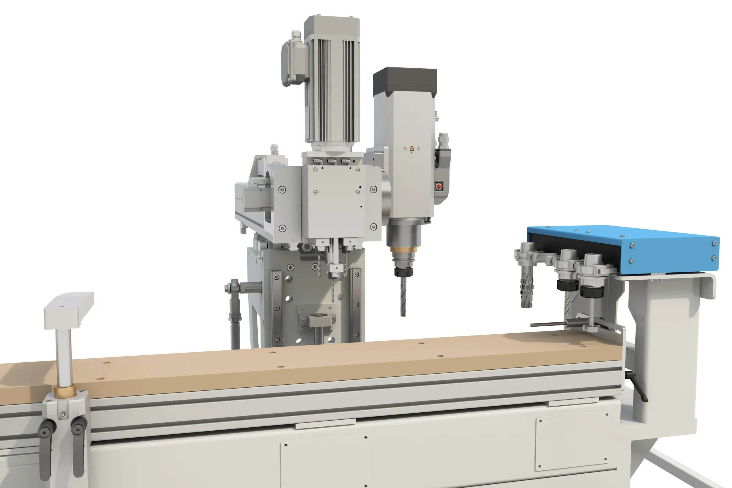 Cutaway view of the Soukup Versa Max working units — three-spindle vertical drilling head, main milling spindle and linear tool magazine above the MDF worktable