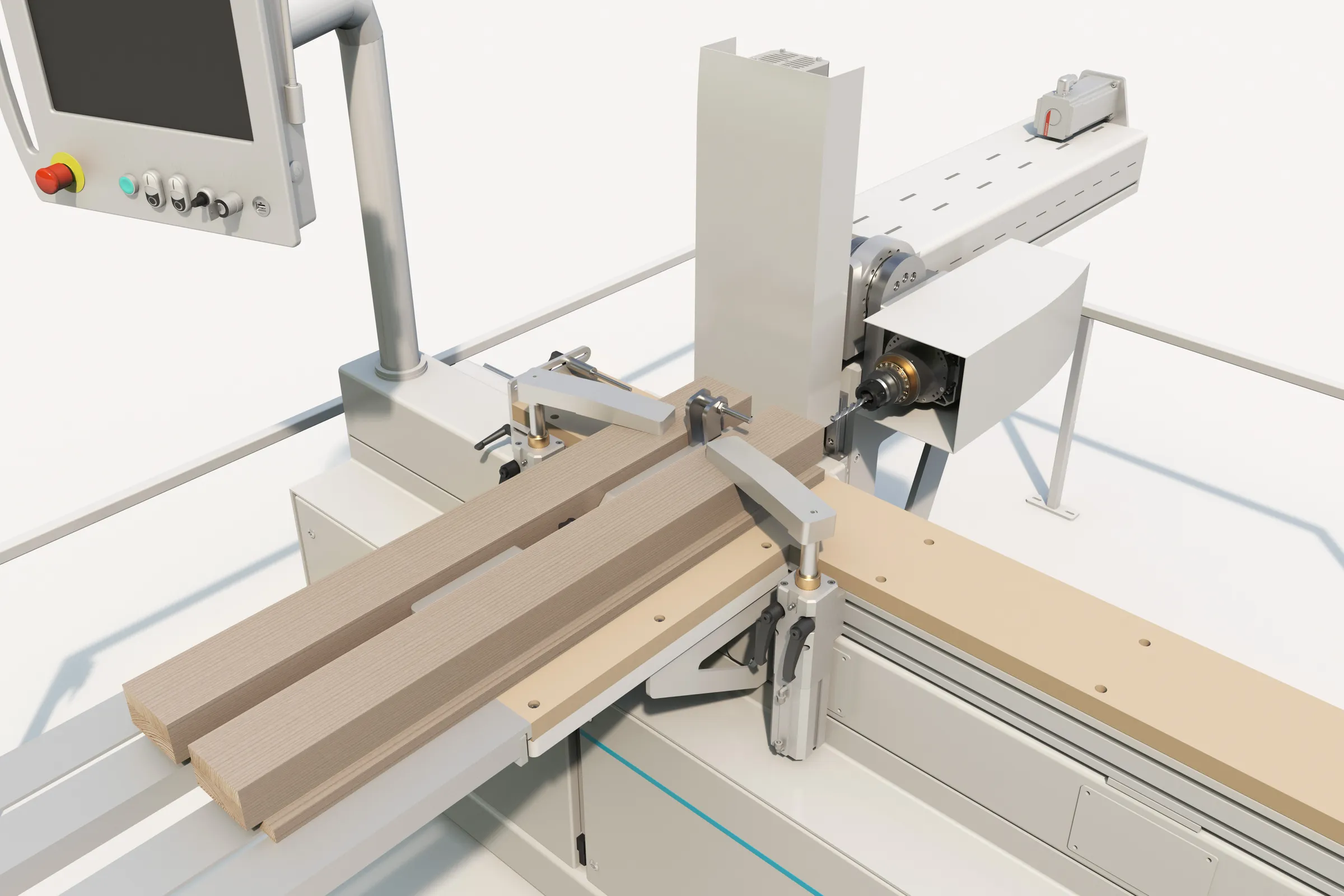 Lateral drilling unit of the Soukup Versa Max boring into the end of a clamped timber section, with a second component held on the cross table alongside