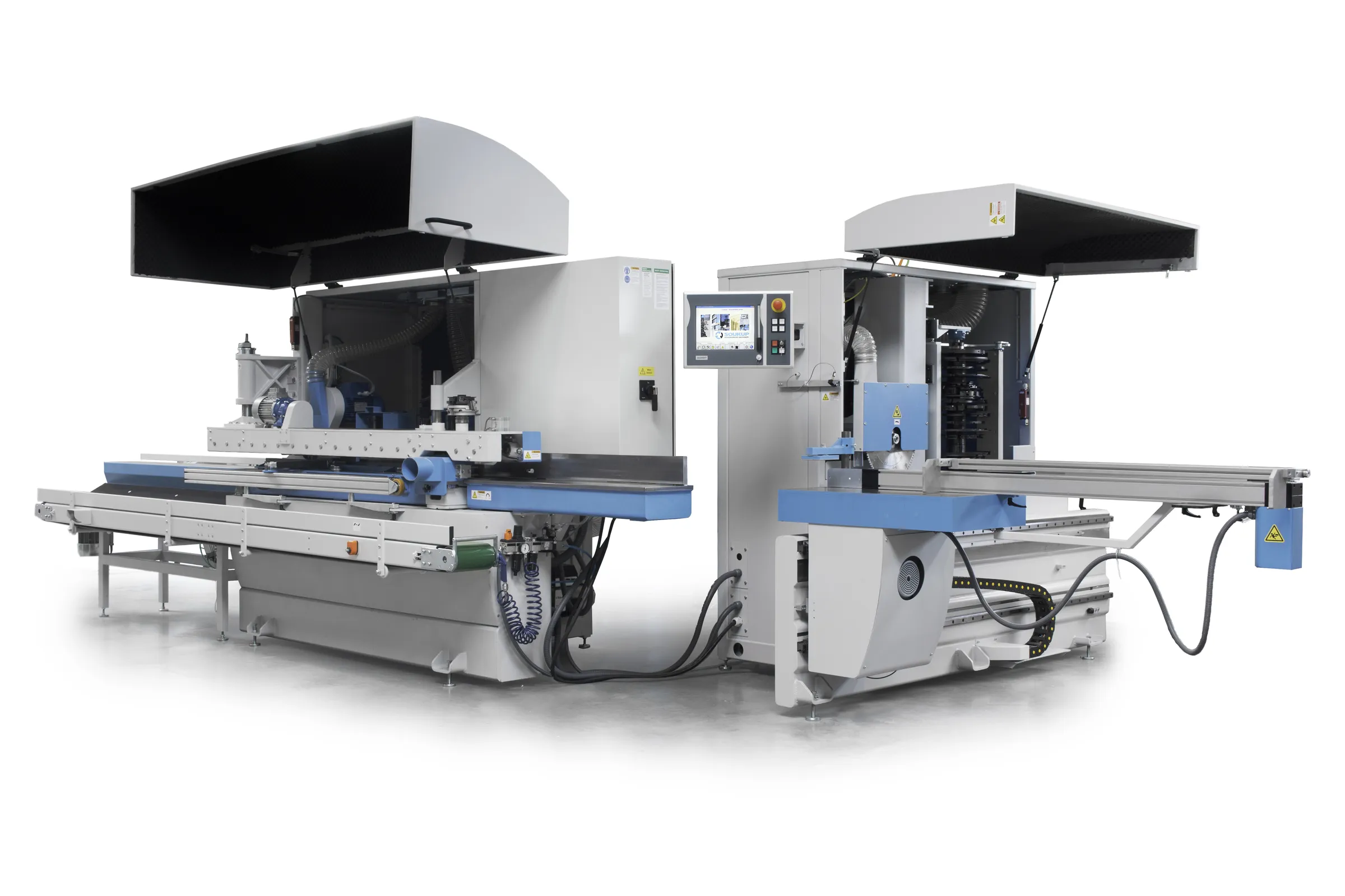 Soukup Wizard 3S CNC window machine with dual processing units, blue and grey industrial frame, and overhead extraction hoods