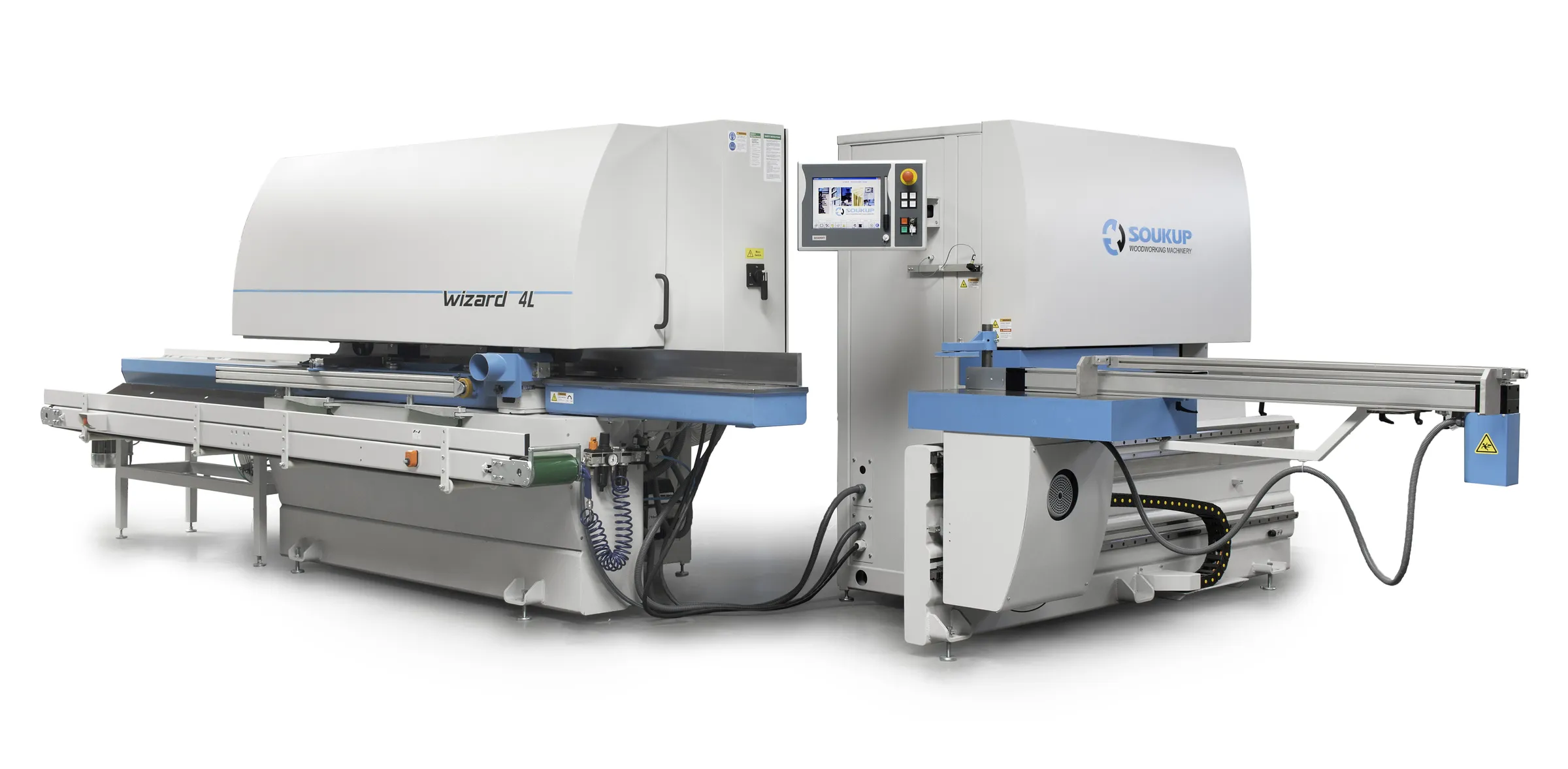 Soukup Wizard 4L woodworking machinery unit with blue conveyor tables and a touchscreen control panel