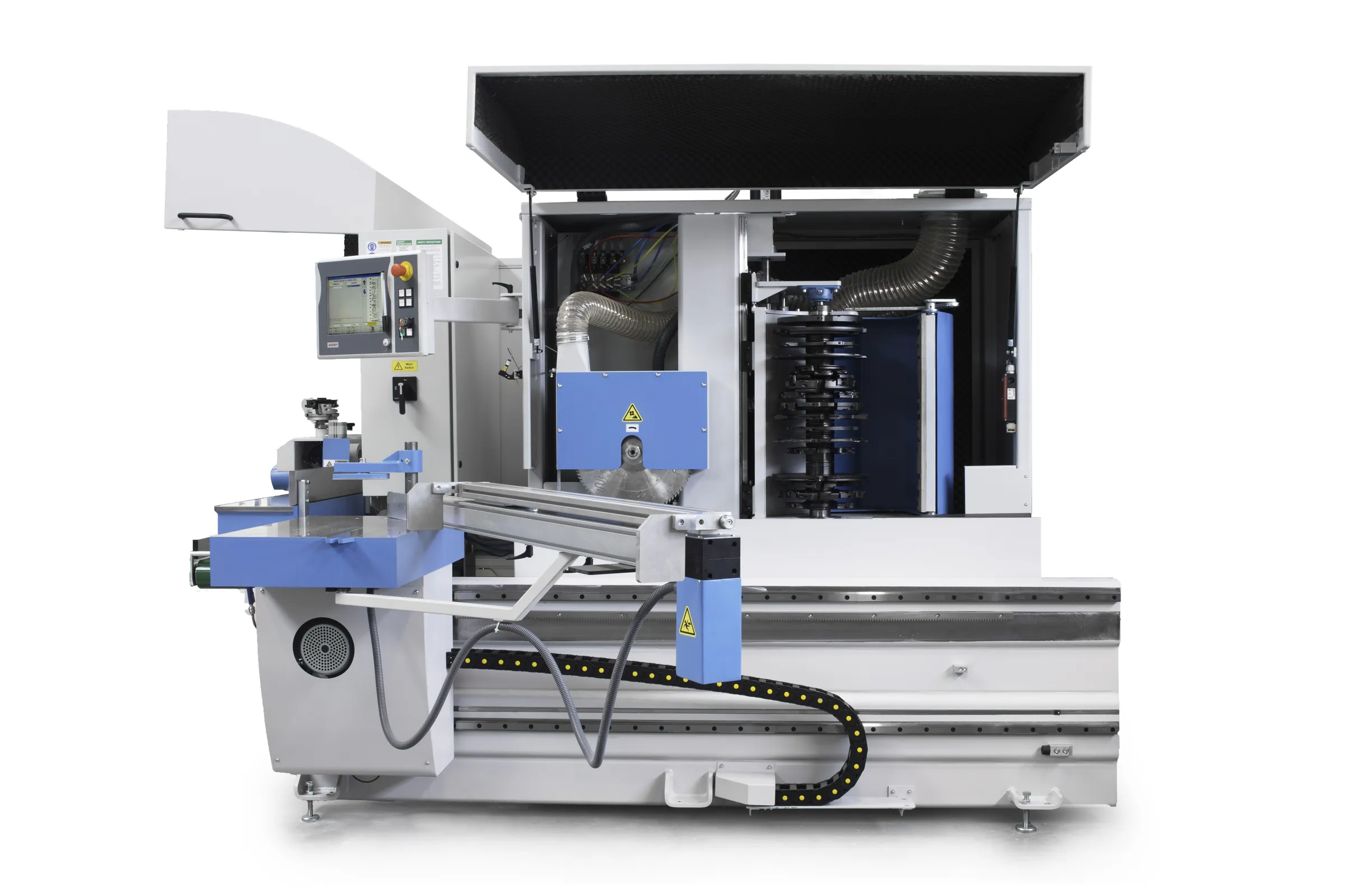 Soukup Wizard 3S CNC window machine with open enclosure, CNC control panel, blue components, extraction ducting and cable chain track