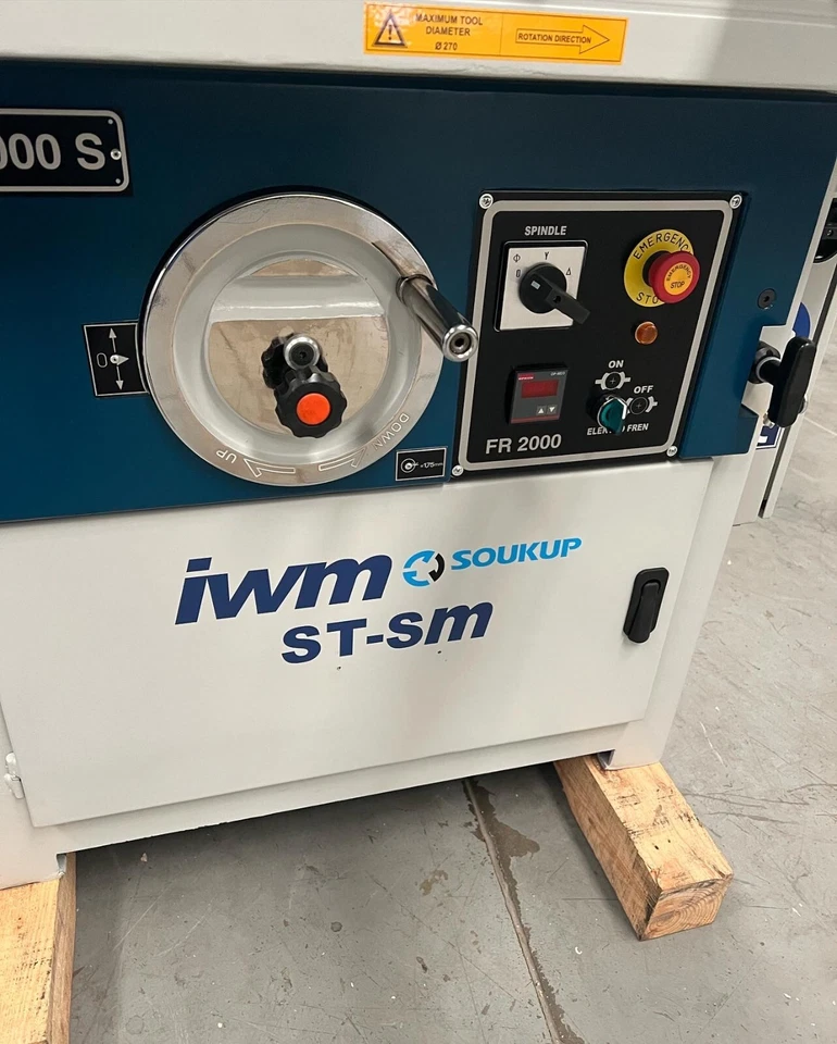 IWM Soukup ST-SM spindle moulder control panel showing spindle switch, emergency stop button, and FR 2000 display unit