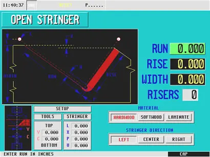 Retro computer interface for Open Stringer stair design software showing run, rise, width and riser measurements