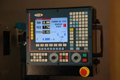 CNC control panel displaying stair run, rise and pitch measurements for specialist stair machinery