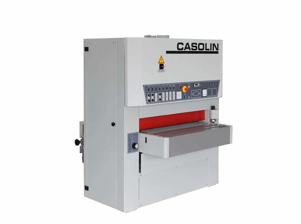 Casolin wide belt sander machine with red conveyor belt and control panel, shown on white background