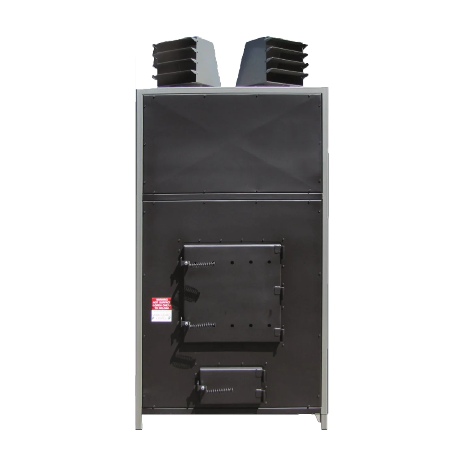 Front view of a black steel wood burning heater with twin top vents, a hinged firebox door and ash pan door.