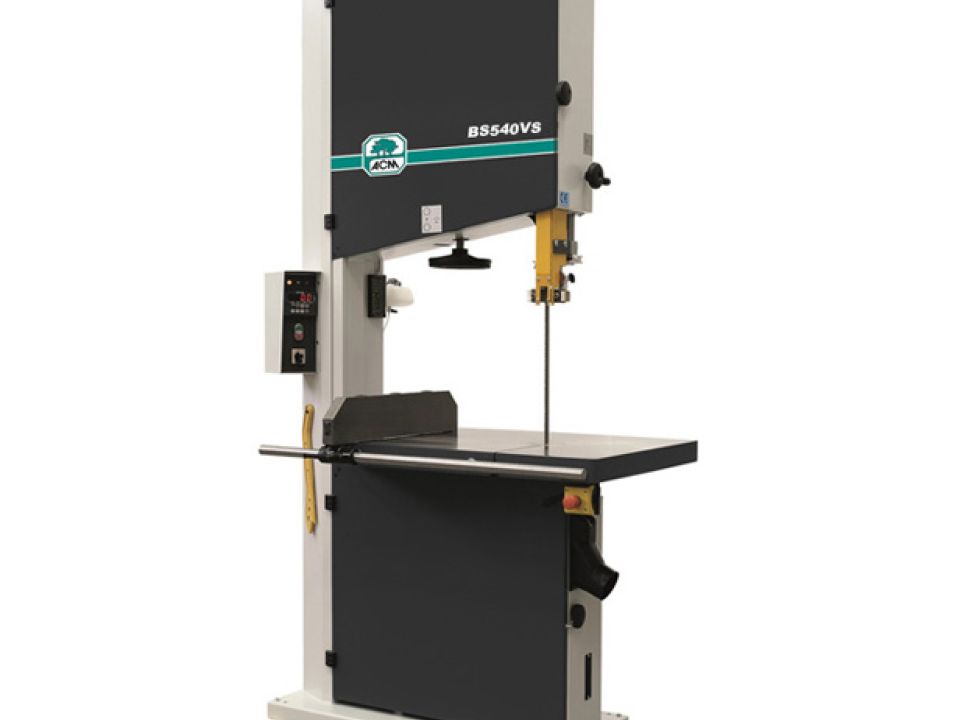 ACM BS540VS vertical bandsaw with large worktable, blade guide, and digital control panel on a white background