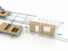 3D diagram of an automated timber frame panel production line with blue directional arrows showing the assembly workflow