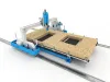 3D render of a large blue and white CNC gantry machine processing an OSB timber panel with two rectangular cutouts